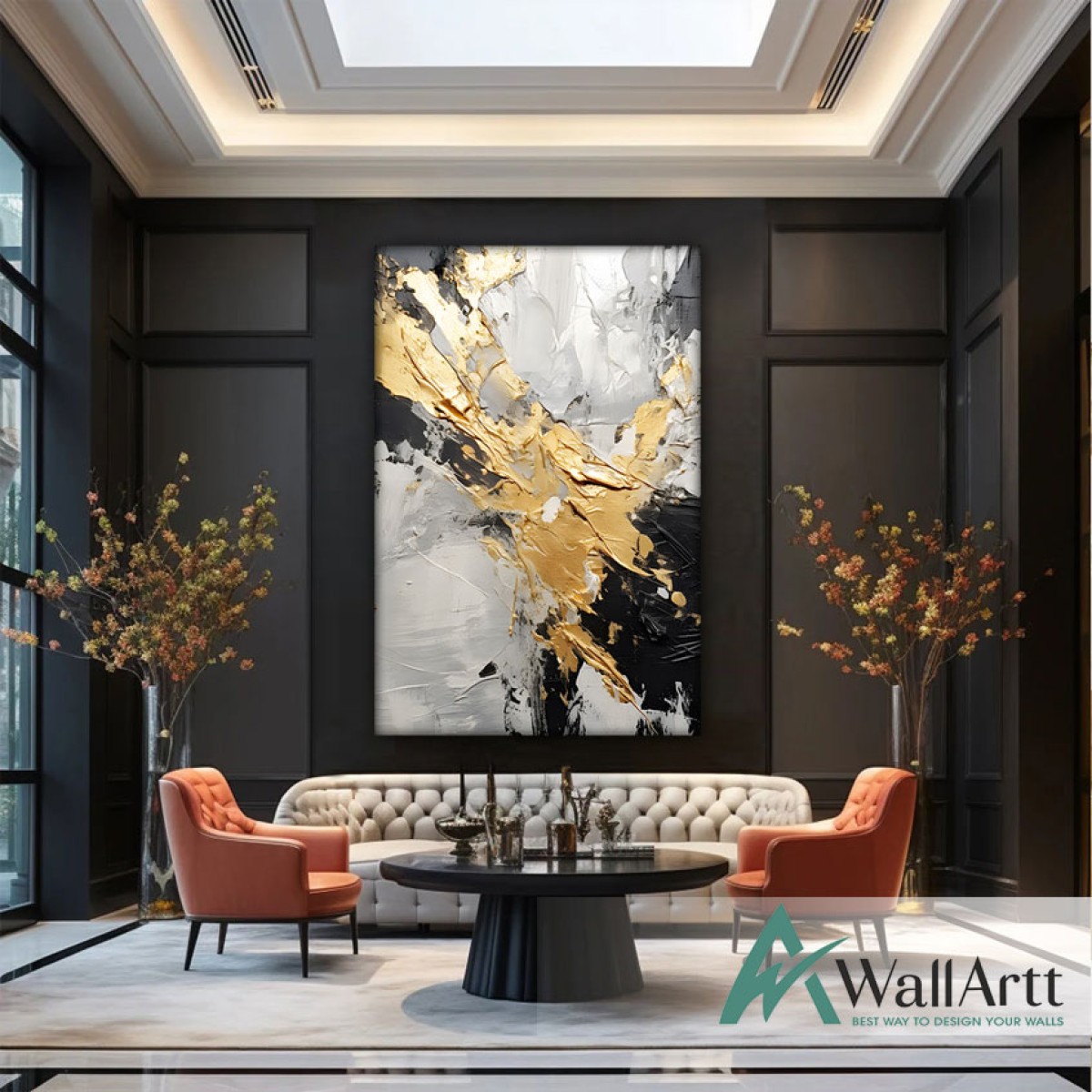 Black White with Gold Foil III 3d Heavy Textured Partial Oil Painting - Wall Art